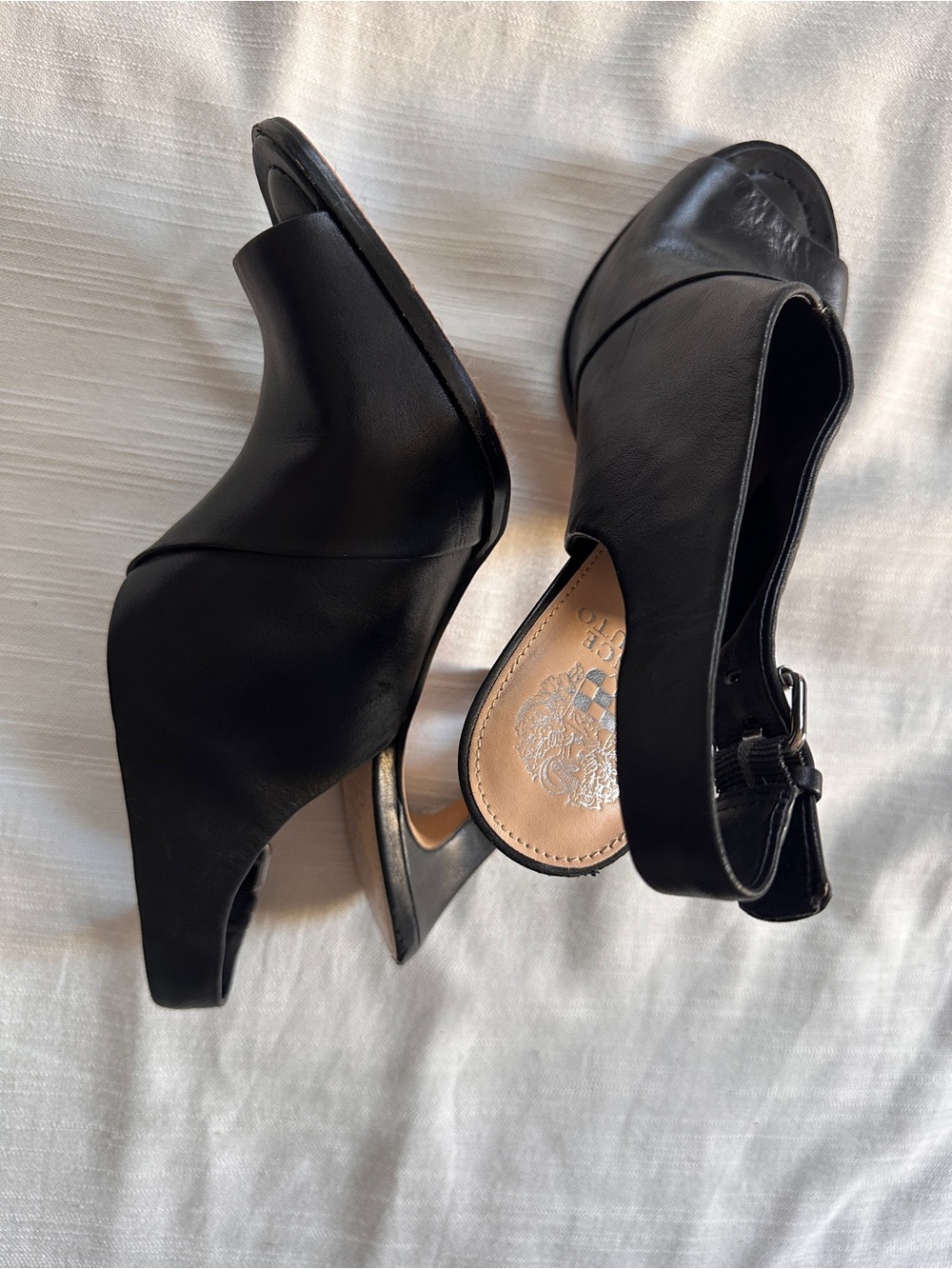 VINCE CAMUTO “Ledinla” Soft Black Leather Peep Toe Slingback Sandals | 8 - Picture 7 of 13